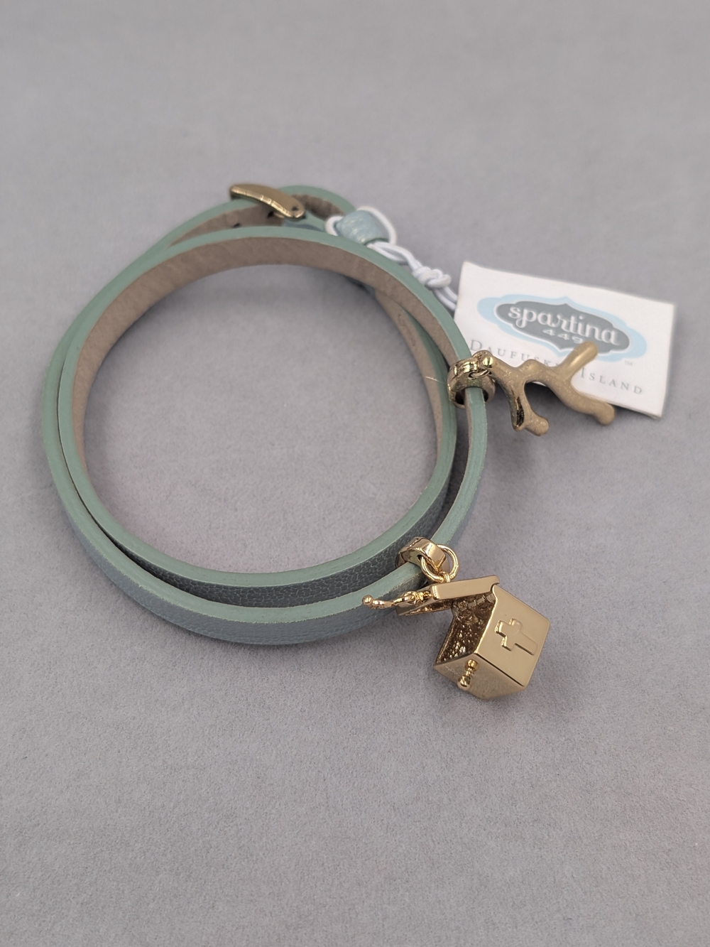 Spartina 449 Blue Pearl Leather Wrap Prayer Box Charm Bracelet NWT | 0241